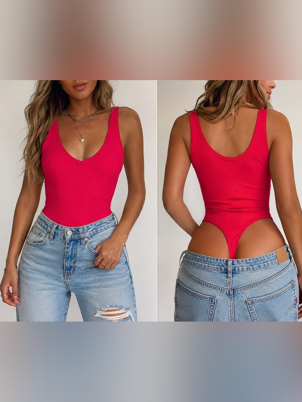 Aura Hot Pink Ribbed Thong Bodysuit M/L Scoop Neck Stretch